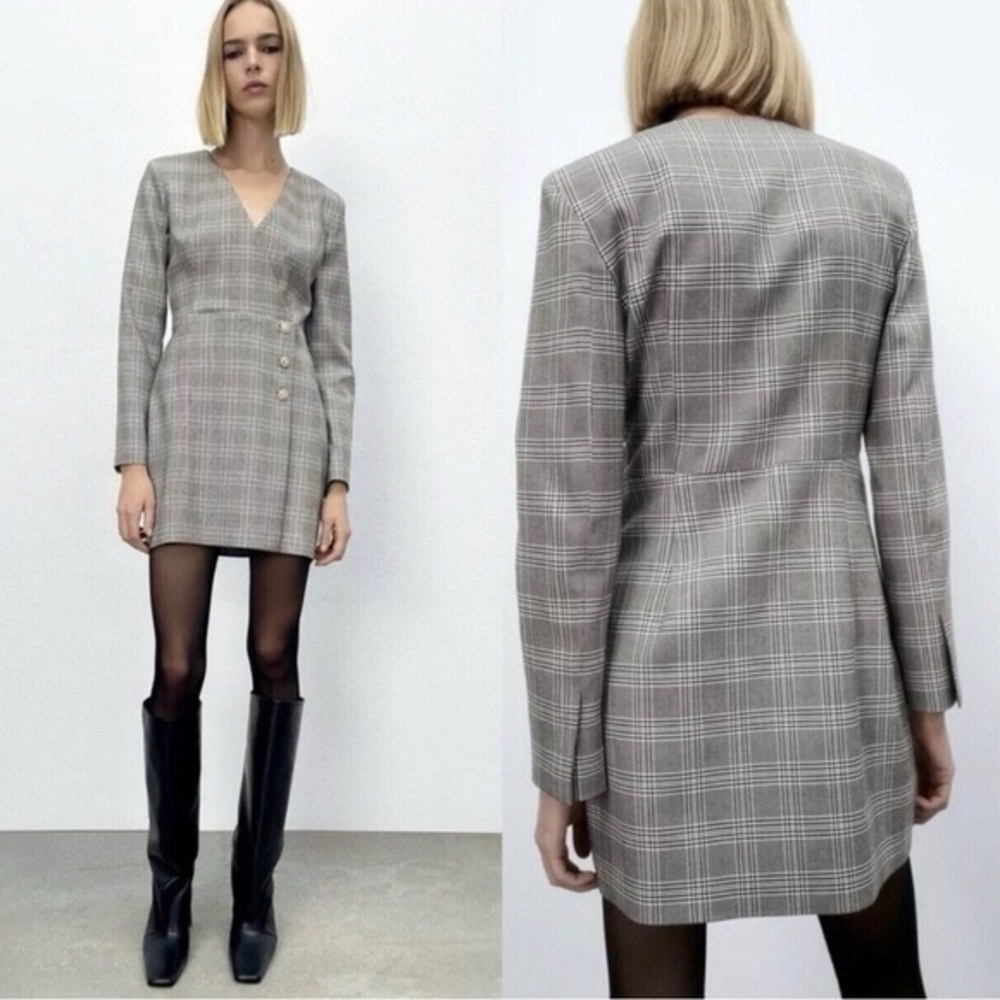 Zara Plaid Blazer Dress XS Long Sleeve V-Neck Double Breasted Mini Vintage Chic